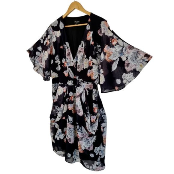 CITY CHIC Black Floral Womens V-Neck Flutter Sleeve Midi Dress - Size L - Picture 3 of 6